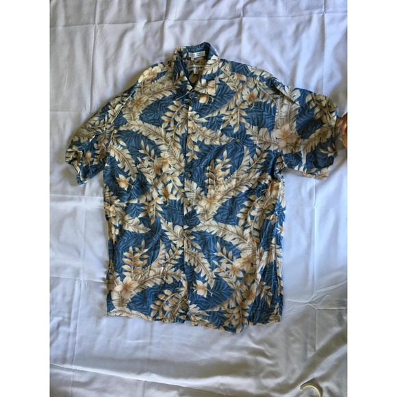 Pierre Cardin Shirt Mens Medium Blue Rayon Hawaiian Aloha Floral Button Up Camp - Picture 1 of 14